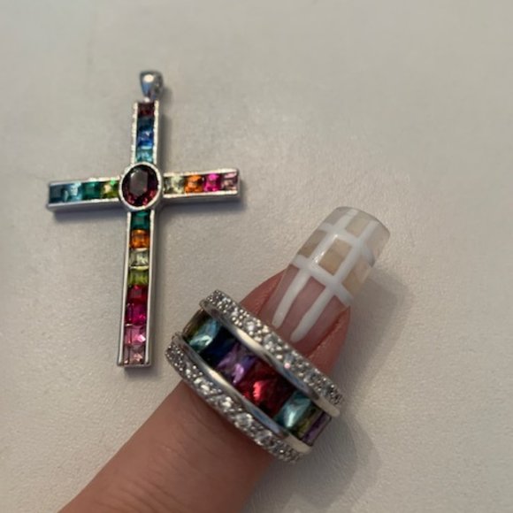 Rainbow Rhinestones Cross Charm/Matching Ring NEW - Picture 2 of 2